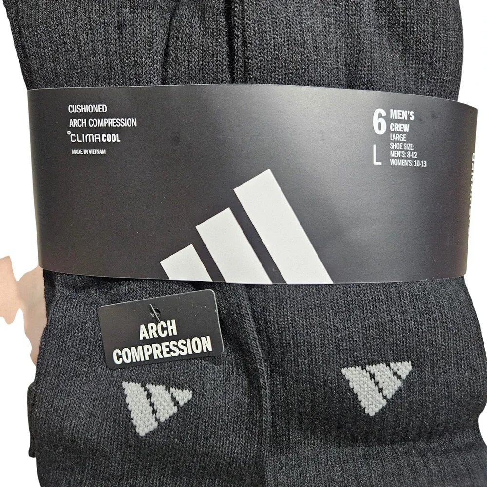 Adidas Crew Socks Mens Large Black 6 Pack ClimaCool Cushioned Arch Compression